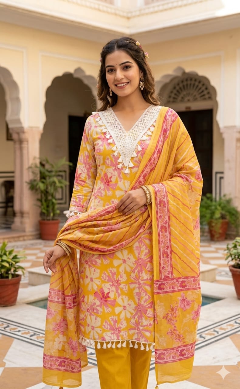 Yellow & Pink Floral Hand Block Print Unstitched Suit Set