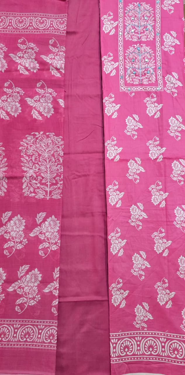 Rani Pink Floral Hand Block Print Cotton Unstitched Suit Set with Dupatta