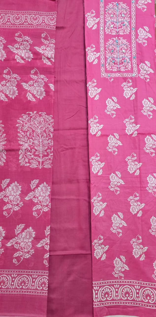Rani Pink Floral Hand Block Print Cotton Unstitched Suit Set with Dupatta