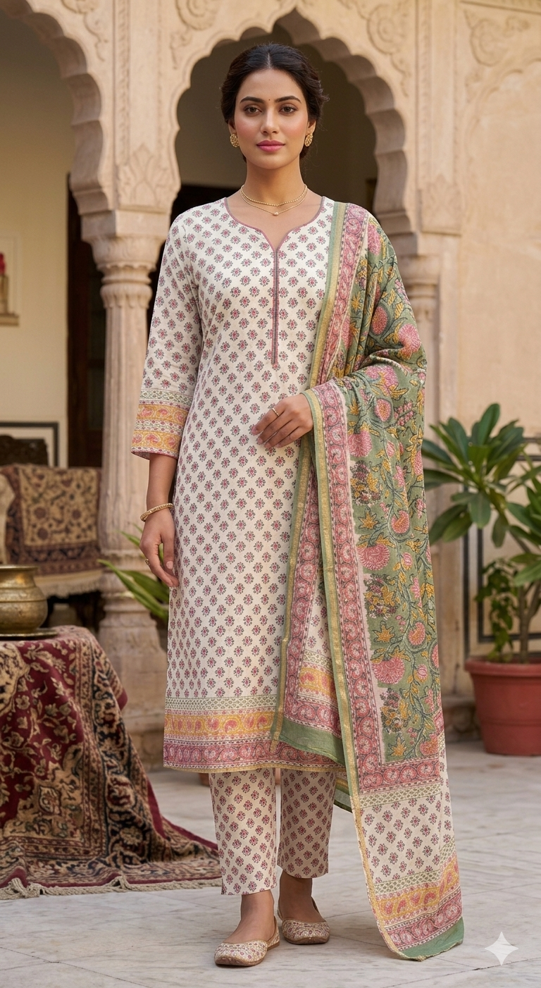 Elegant Floral Printed Cotton Kurta Set with Botanical Dupatta
