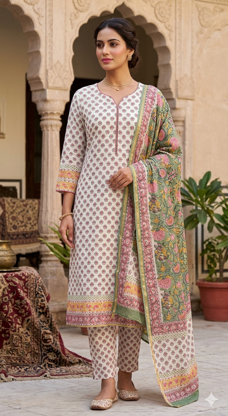 Elegant Floral Printed Cotton Kurta Set with Botanical Dupatta