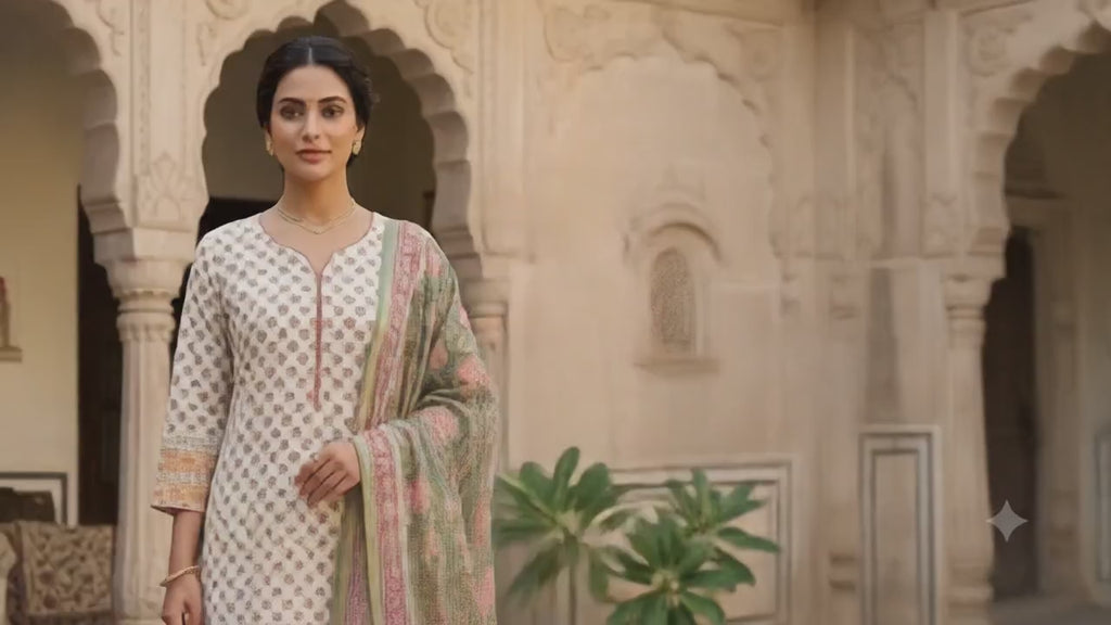 Elegant Floral Printed Cotton Kurta Set with Botanical Dupatta