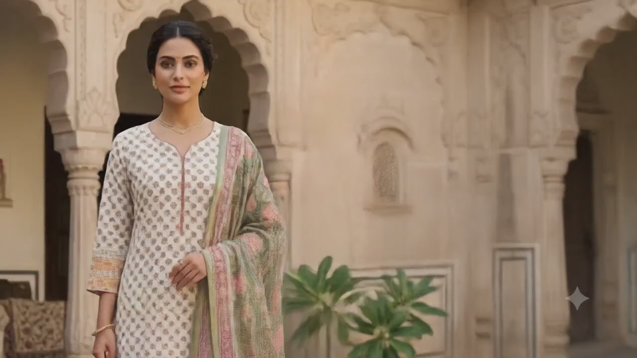 Elegant Floral Printed Cotton Kurta Set with Botanical Dupatta