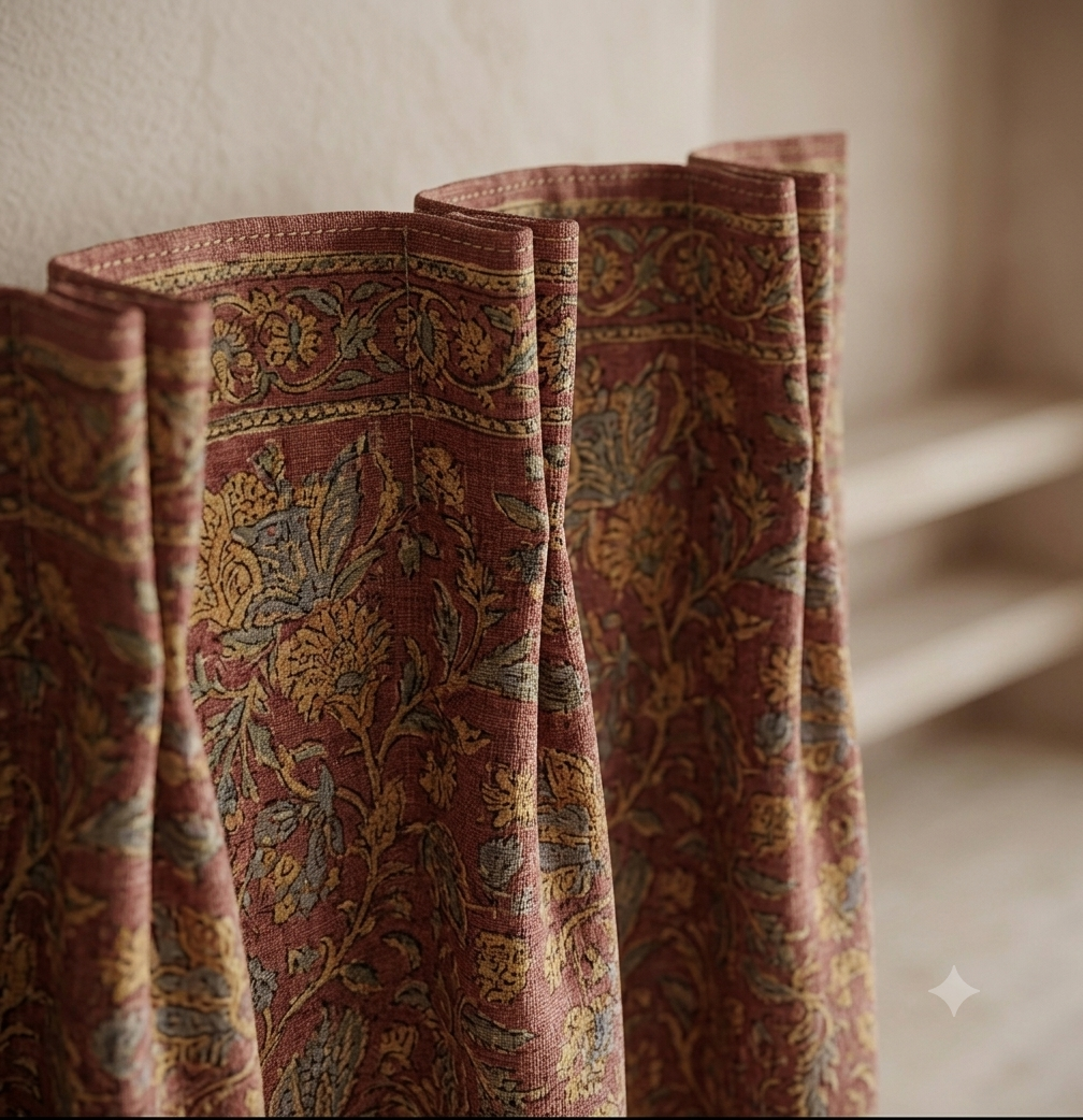 Handcrafted Block Print Cotton Curtain | Luxury Artisan Window Panel | Dusty Rose Floral | Made in India