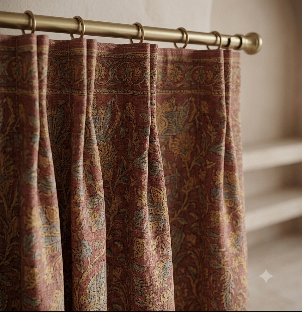 Handcrafted Block Print Cotton Curtain | Luxury Artisan Window Panel | Dusty Rose Floral | Made in India