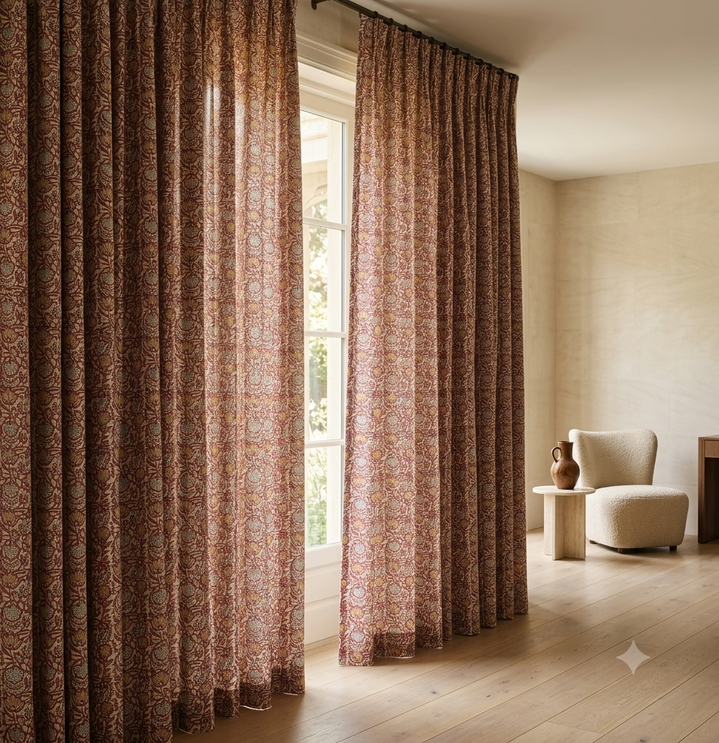 Handcrafted Block Print Cotton Curtain | Luxury Artisan Window Panel | Dusty Rose Floral | Made in India